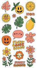 Funky Retro Stickers With Smiling Faces Tropical Leaves and Floral Elements