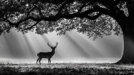 Majestic deer under a sunlit oak tree
