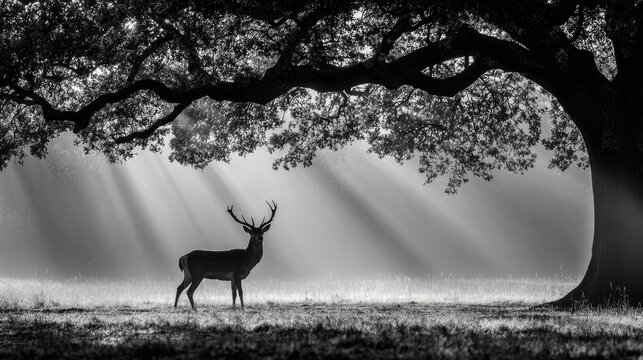 Majestic deer under a sunlit oak tree