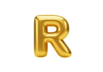 Glossy 3D Rendered Gold Letter R Isolated on Transparent Background