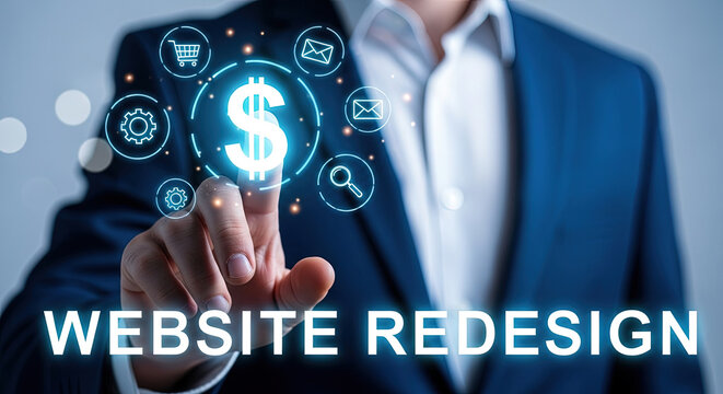 Person in a blue suit touches a glowing dollar symbol with digital icons