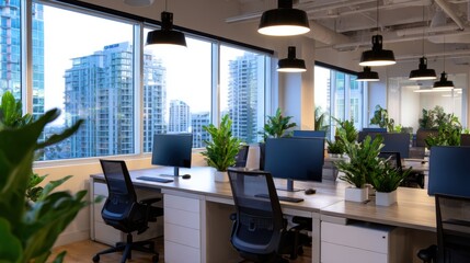 Modern office interior with plants, large windows showcasing city skyline, promoting productivity and comfort