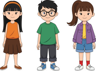 Three happy diverse children standing together smiling, casual clothing, playful kids, friendship, childhood, diversity, youth, outdoor fun, happy faces