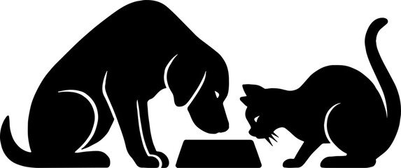 Dog and Cat Sharing Single Bowl - Friendship Silhouette Illustration With White Background 