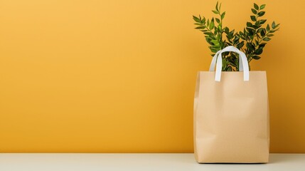 Sustainable paper tote bag with plant leaves design displayed on a neutral backdrop promoting eco friendly and responsible shopping habits and a clean