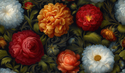 Seamless Victorian floral print with Art Nouveau inspired blossoms and foliage on elegant textile fabric background