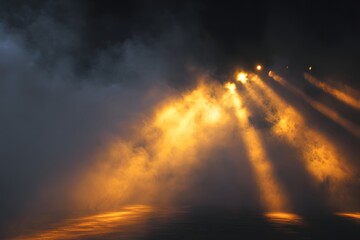 Ethereal light beams pierce through dense fog, creating a mystical atmosphere over a serene landscape