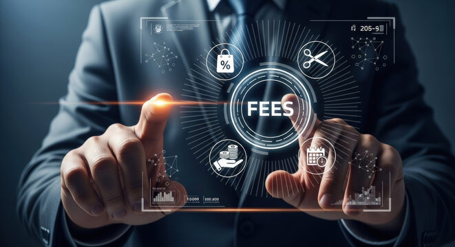 Man in suit activates fees options on a futuristic interactive display with his fingertips