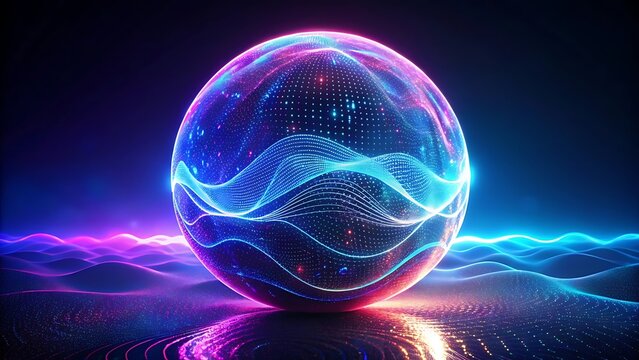 Neon futuristic 3d sphere of blue and purple glowing digital waves and particles. Future technology concept, Artificial Intelligence, engineering, and science. Abstract energy orb. Data, innovations. - Powered by Adobe
