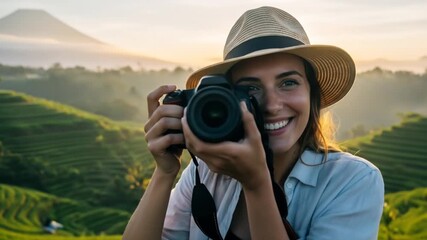 Enthusiastic Female Photographer Captures Rice Terraces at Sunrise in Ubud, Bali,Showcasing Travel Photography Skills and Stunning Landscape Scenes