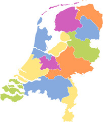 Obraz premium A vibrant, colorful political map of the Netherlands showing the boundaries of all 12 provinces. Ideal for educational, travel, and data visualization project