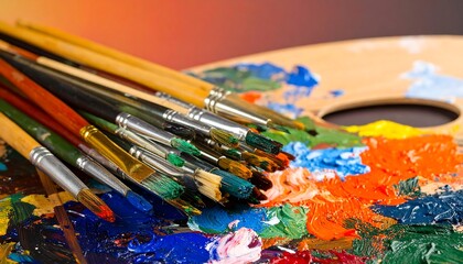 Obraz premium A collection of 's paintbrushes rests atop a vibrant 's palette, showcasing a rich array of colors and textures.