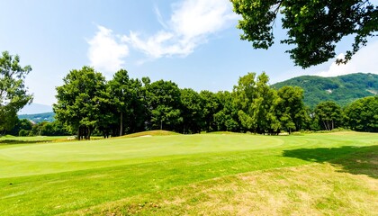 A lush green golf course fairway extends through a dense, shaded forest towards a backdrop of rolling hills under a vibrant blue sky.