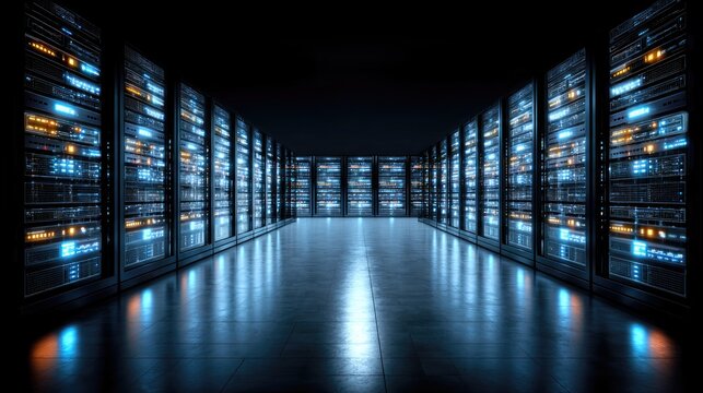 Dark server room, rows of illuminated racks