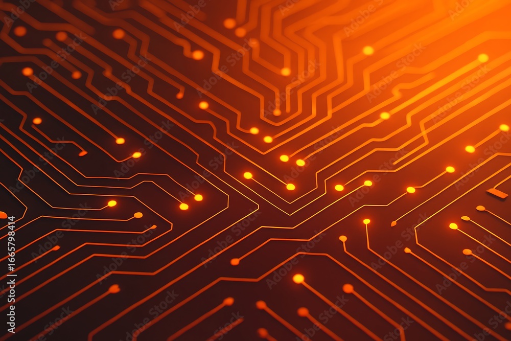 Aufkleber closeup of an orange glowing circuit board with intricate patterns, representing modern technology, 