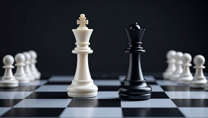 Black and whit chess king pieces stand poised for the strategic battle on the chessboard, symbolizing power and intelligence in the timeless game