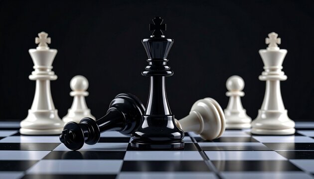 Black king chess winnning the chess game make the white pieces down. illustration of strategic bussiness - Powered by Adobe