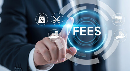 Businessman taps virtual fees interface showcasing finance, discount, schedule, and reduction icons