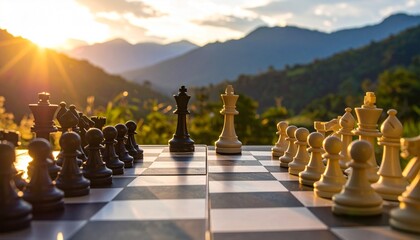 A king and queen chess pieces on a chessboard symbolize a strategic game of power and intelligence