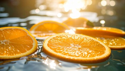 Fresh oranges and juicy citrus slices on a water with a vibrant healthy source of vitamin C