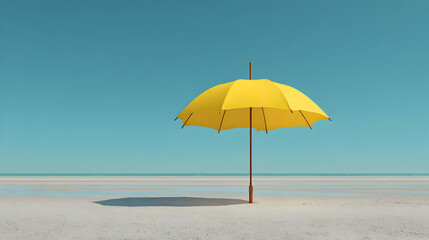 Bright Yellow Umbrella on Empty Minimalist Beach Under Blue Sky Summer Scene