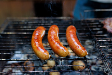 Browned sausages are grilled and captured using selective focus