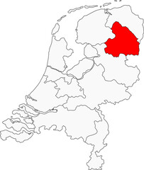 Map of the Netherlands highlighting the Drenthe province. Ideal for projects on its prehistoric dolmens, cycling routes, and serene forests.