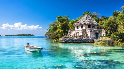 Ancient ruins submerged a crystal clear lagoon cinematic lost civilization