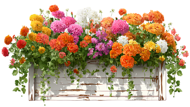  beautiful window box with colorful flowers isolated on a transparent background