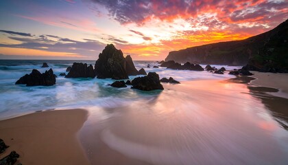 Dramatic sunset over a rocky coastline, with waves gently lapping at the shore.