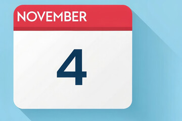 Flat Vector Calendar Icon Illustration Representing November 4th with Red Header and Shadow on Blue Background