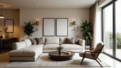 A contemporary living room interior, comfortable sectional sofa, elegant coffee table, lush plants, and natural light combine for a serene, inviting modern space
