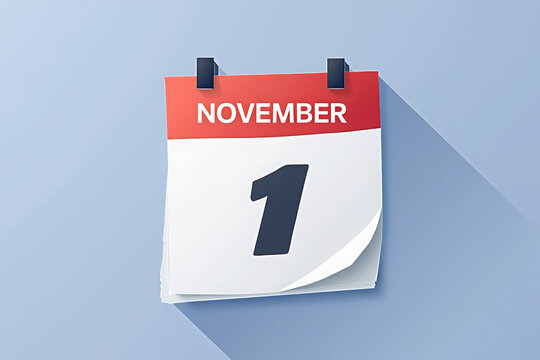 November 1st Calendar Page with Red Header and Shadow on Blue Background for Important Date Reminder Concept