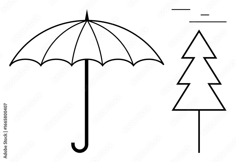 Aufkleber outline of an umbrella and a pine tree with minimal design and geometric shapes. ideal for weather c