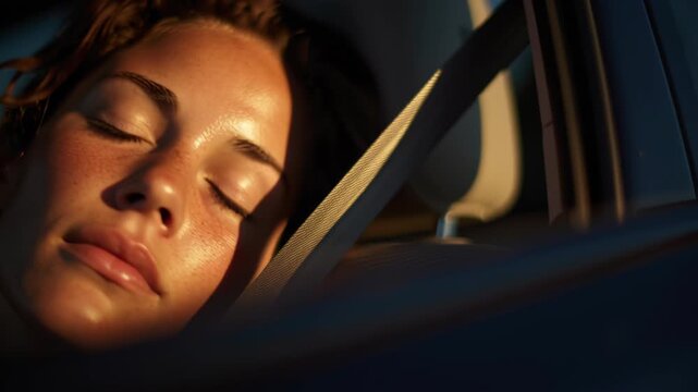 Peaceful woman with curly hair enjoys relaxation car, eyes closed, as warm sunlight illuminates her serene features, capturing drowsiness