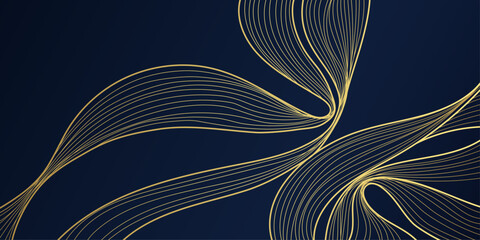 Abstract luxury wave line background pattern. Wavy gold ribbon on dark navy blue background with copy space. Hand drawn golden lines wave of sea, ocean ripple.