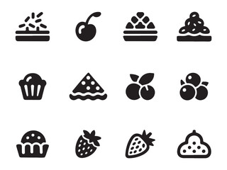 A collection of simple, black and white icons representing different desserts and fruits.