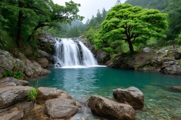 Fototapeta premium Refreshing waterfall flowing into a natural turquoise pond in the forest