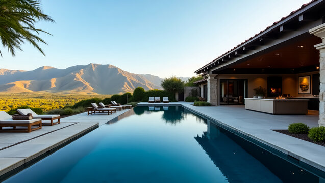 Panoramic view of a luxurious estate with a pristine swimming pool, comfortable lounge chairs and a backdrop of majestic mountains