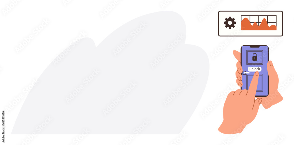 Poster hand tapping unlock button on smartphone screen with visible padlock icon, accompanied by a configur