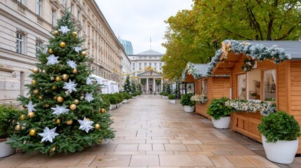 Christmas market with decorated wooden huts and christmas trees in Munich, Germany