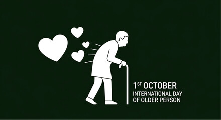 Elderly Person Silhouette with Cane and Hearts Illustration