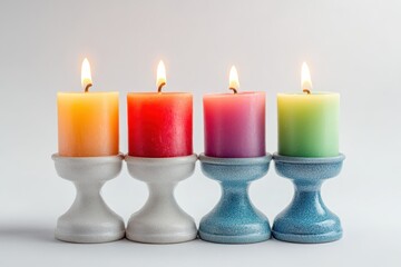 Colorful candles with flames, arranged in a decorative holder, set against a minimalist white background.