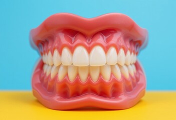 Obraz premium Detailed Closeup of Artificial Human Teeth Model against Vibrant Yellow and Blue Background, Dental Health and Oral Hygiene