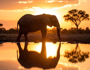 Elephant Sunset Reflection with African Savanna.