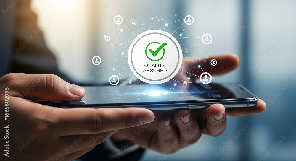 Poster darkskinned hands hold a smartphone displaying quality assurance icons and a check mark