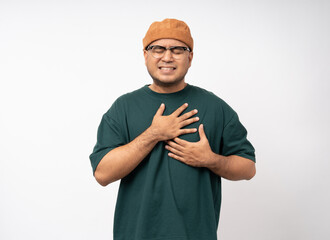 Young asian man senior he felt a pain in his chest held his hand and squeezed it. Asian man Heart...