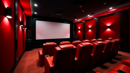 A luxurious private home theater with comfortable red chairs, a large projection screen, and atmospheric red accent lighting for an immersive movie experience