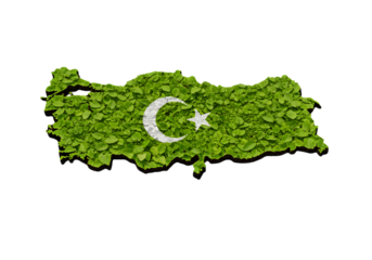 Green Leafy Turkey Map with White Crescent and Star Isolated on Black Background