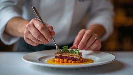 A chef delicately places a garnish atop a gourmet dish, showcasing a meticulous culinary creation.